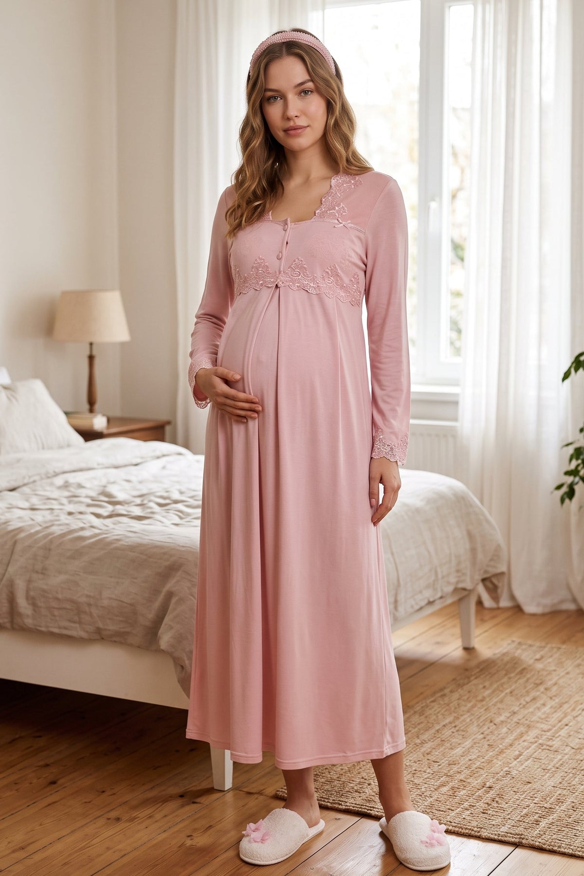 Lace Collar Maternity Feeding-Friendly Nightgown Pink - T7013