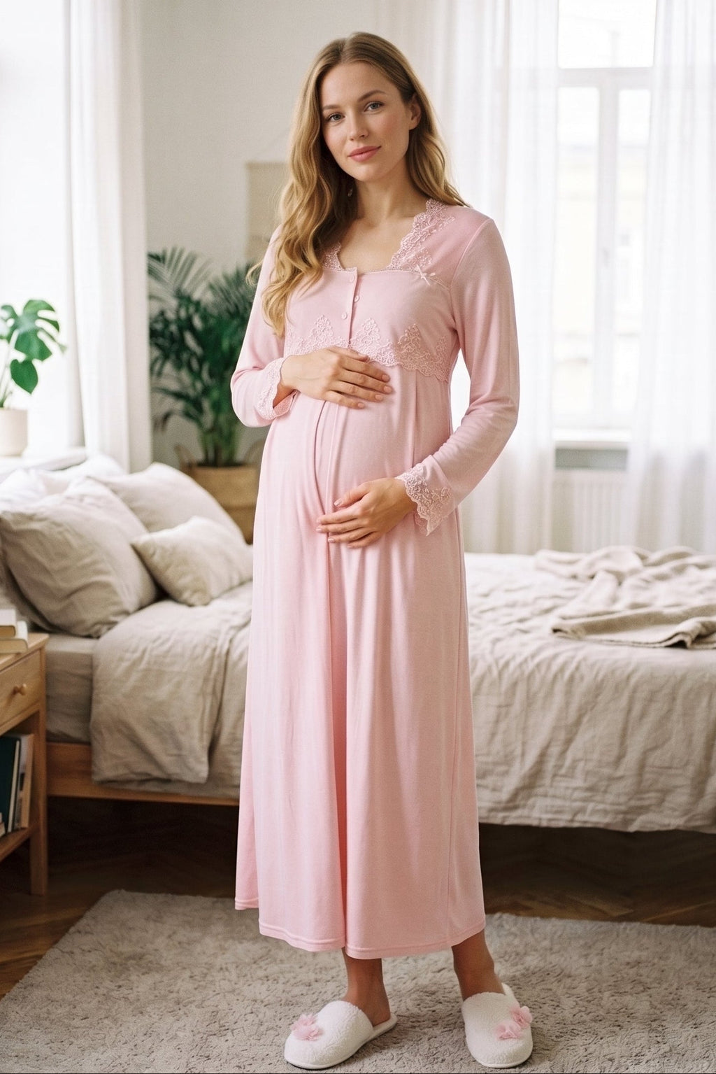 Lace Collar Maternity Feeding-Friendly Nightgown Pink - T7013