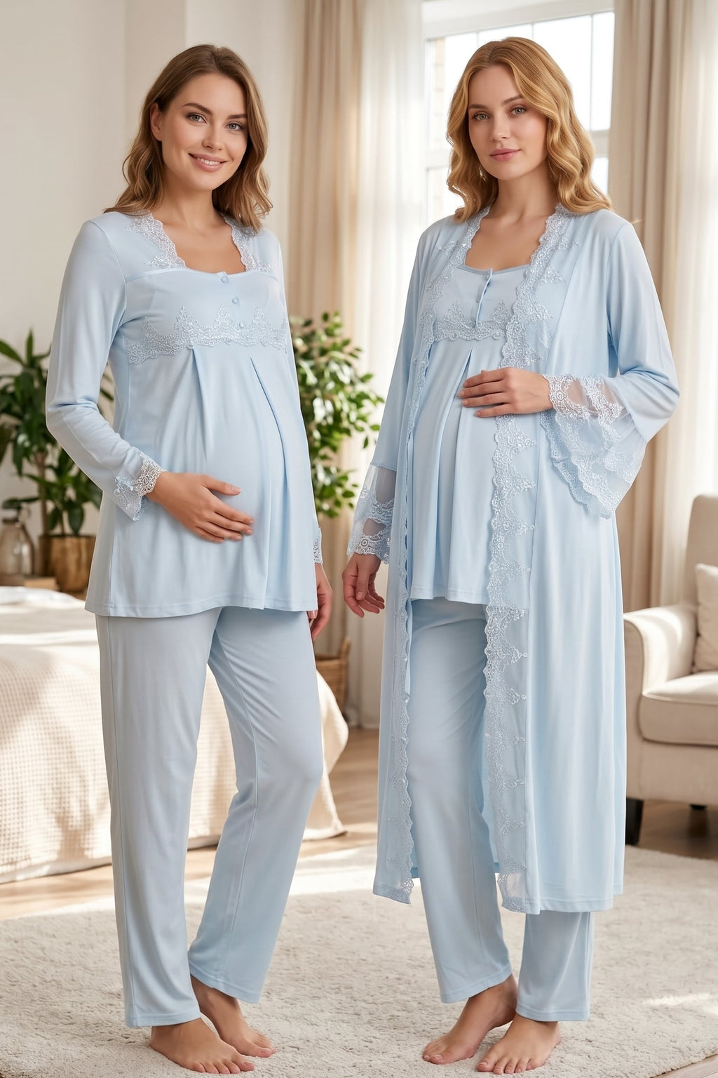 Lace Collar 3-Piece Maternity Feeding-Friendly Pajama & Lace Detailed Robe Set Blue - T7014