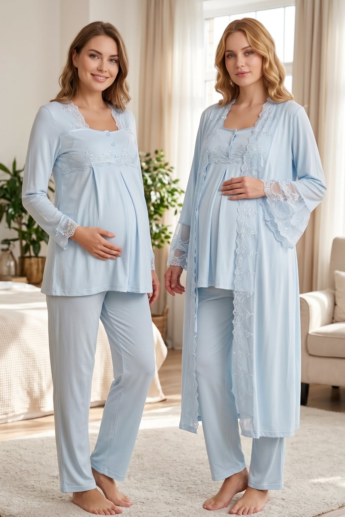 Lace Collar 3-Piece Maternity Feeding-Friendly Pajama & Lace Detailed Robe Set Blue - T7014