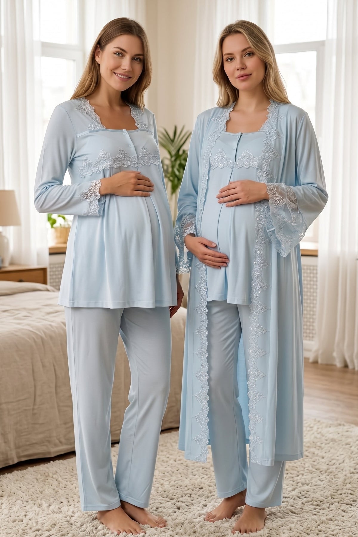 Lace Collar 3-Piece Maternity Feeding-Friendly Pajama & Lace Detailed Robe Set Blue - T7014