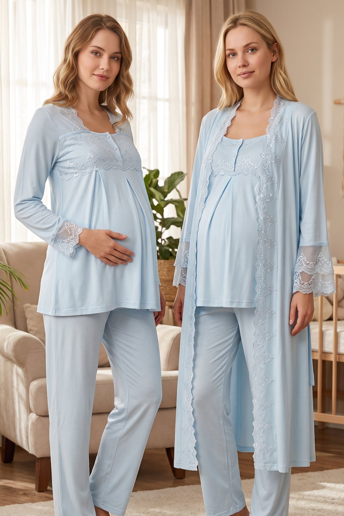 Lace Collar 3-Piece Maternity Feeding-Friendly Pajama & Lace Detailed Robe Set Blue - T7014