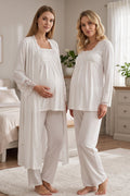 Lace Collar 3-Piece Maternity Feeding-Friendly Pajama & Lace Detailed Robe Set Ecru - T7014
