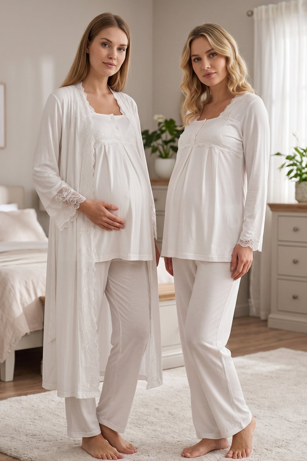 Lace Collar 3-Piece Maternity Feeding-Friendly Pajama & Lace Detailed Robe Set Ecru - T7014