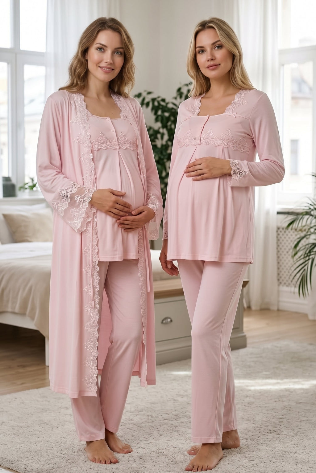 Lace Collar 3-Piece Maternity Feeding-Friendly Pajama & Lace Detailed Robe Set Pink - T7014