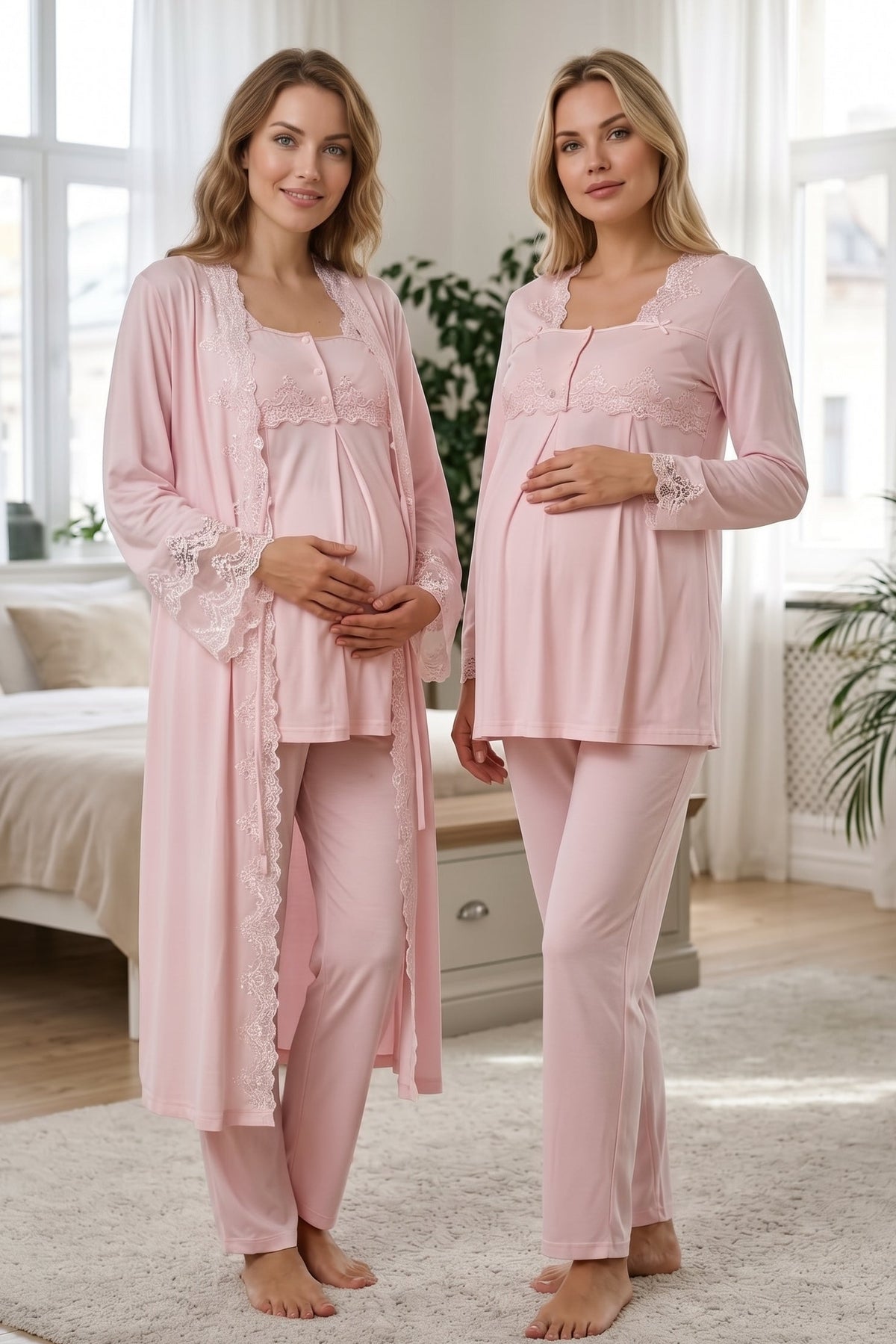 Lace Collar 3-Piece Maternity Feeding-Friendly Pajama & Lace Detailed Robe Set Pink - T7014