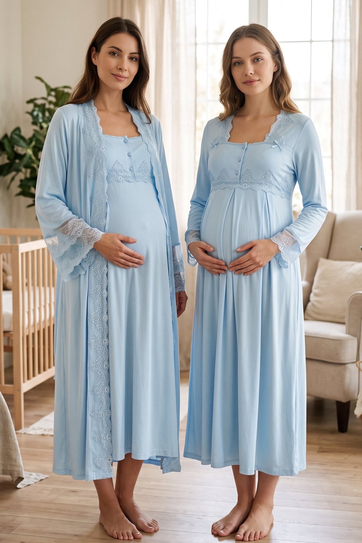Lace Collar 2-Piece Maternity Feeding-Friendly Nightgown & Lace Detailed Robe Set Blue - T7015