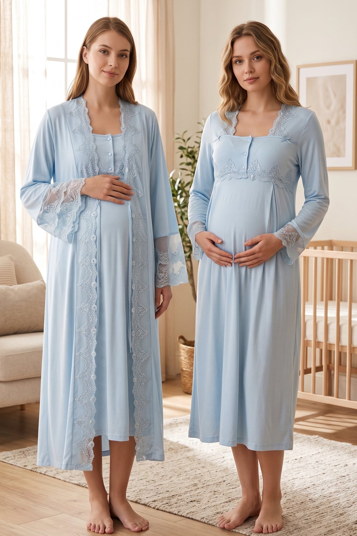 Lace Collar 2-Piece Maternity Feeding-Friendly Nightgown & Lace Detailed Robe Set Blue - T7015