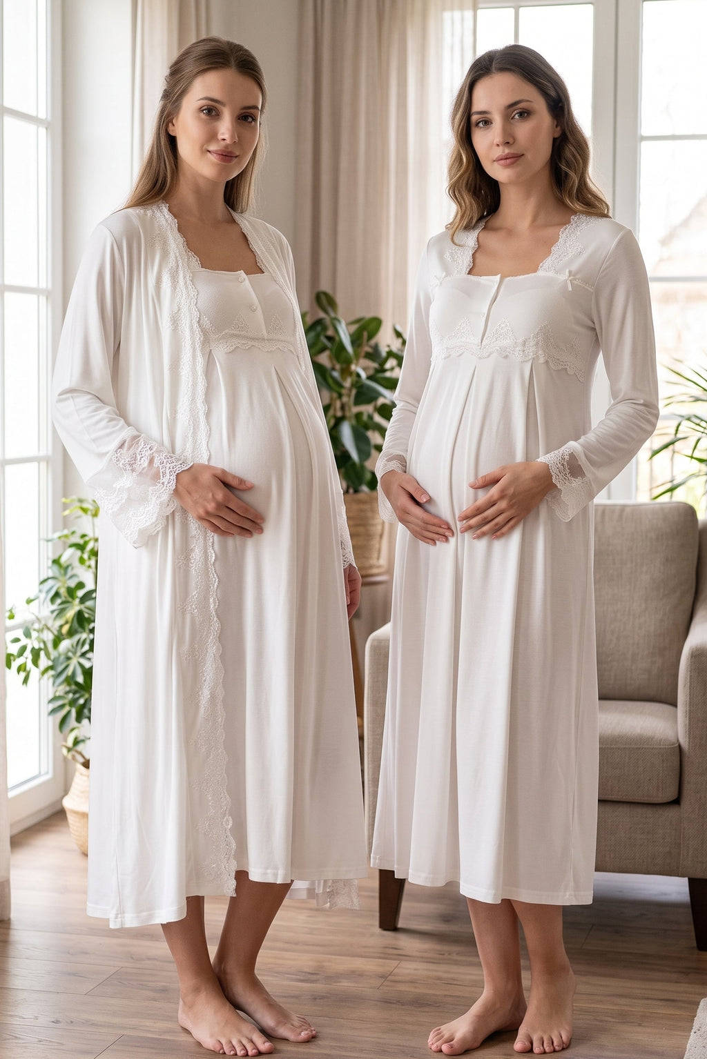 Lace Collar 2-Piece Maternity Feeding-Friendly Nightgown & Lace Detailed Robe Set Ecru - T7015
