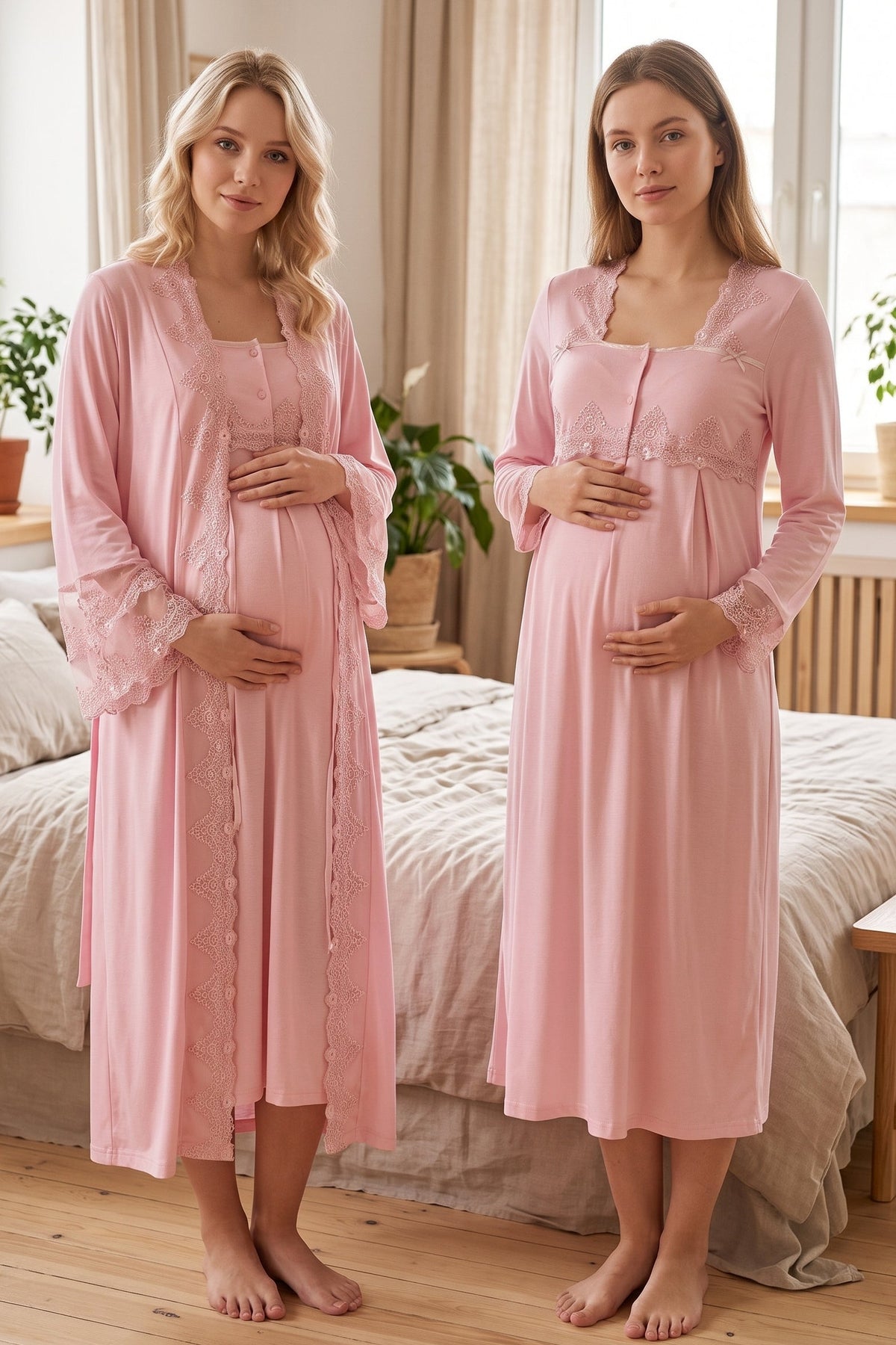 Lace Collar 2-Piece Maternity Feeding-Friendly Nightgown & Lace Detailed Robe Set Pink - T7015