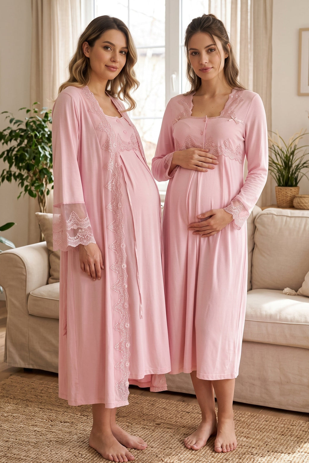 Lace Collar 2-Piece Maternity Feeding-Friendly Nightgown & Lace Detailed Robe Set Pink - T7015