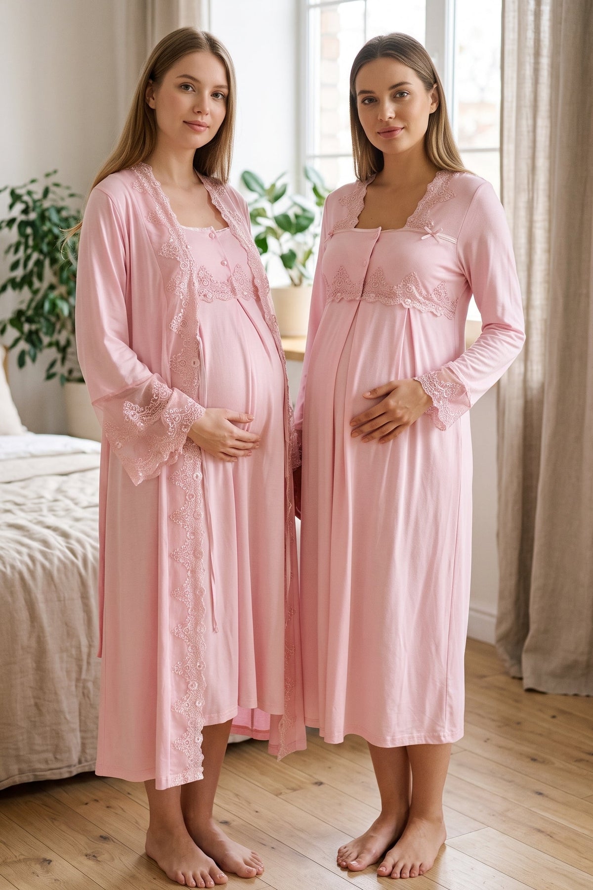 Lace Collar 2-Piece Maternity Feeding-Friendly Nightgown & Lace Detailed Robe Set Pink - T7015