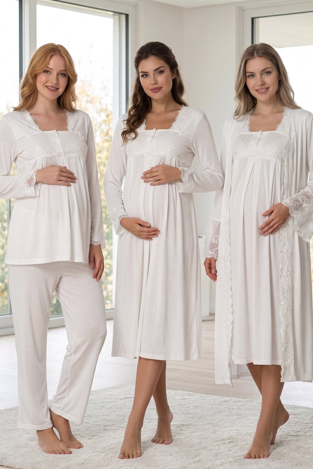 Lace Collar and Lace Detailed 4-Piece Maternity Feeding-Friendly Set Ecru - T7016