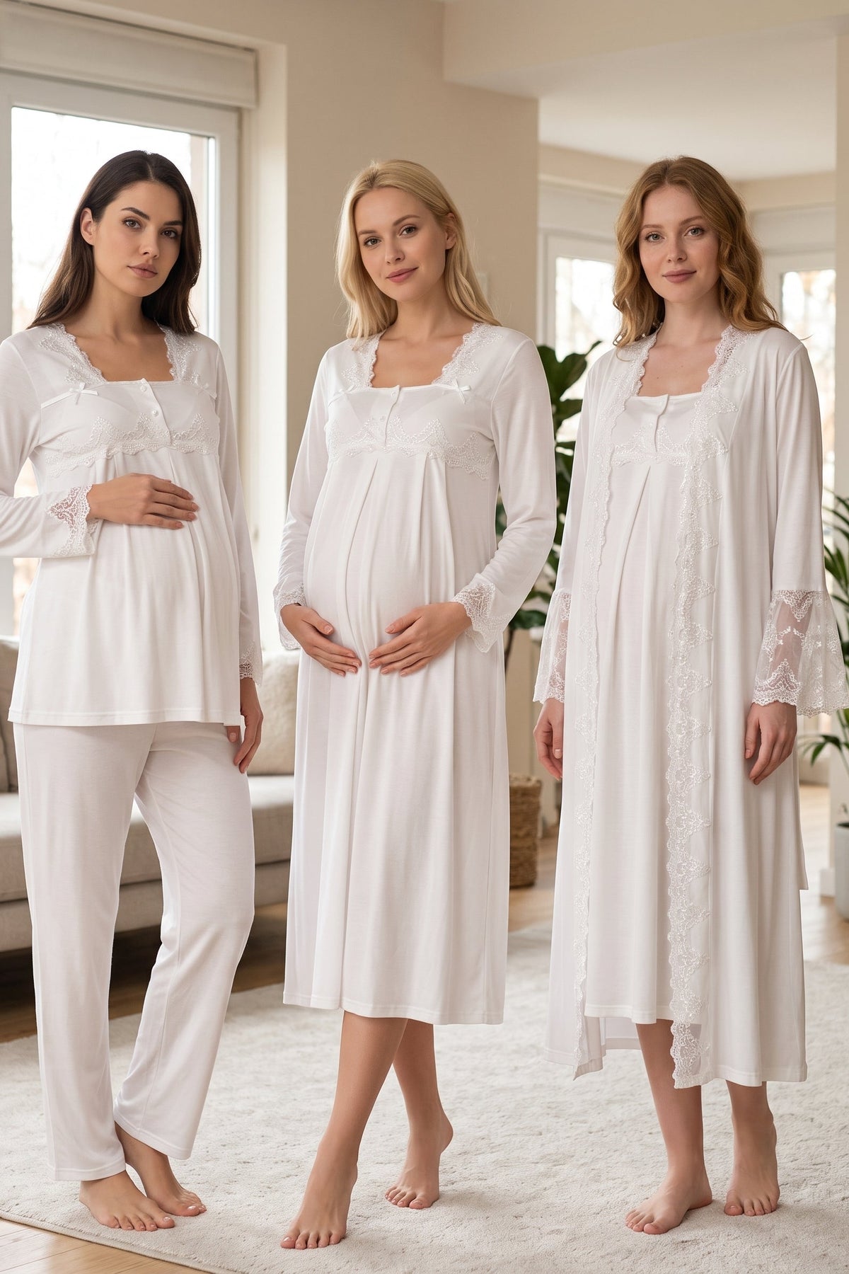 Lace Collar and Lace Detailed 4-Piece Maternity Feeding-Friendly Set Ecru - T7016
