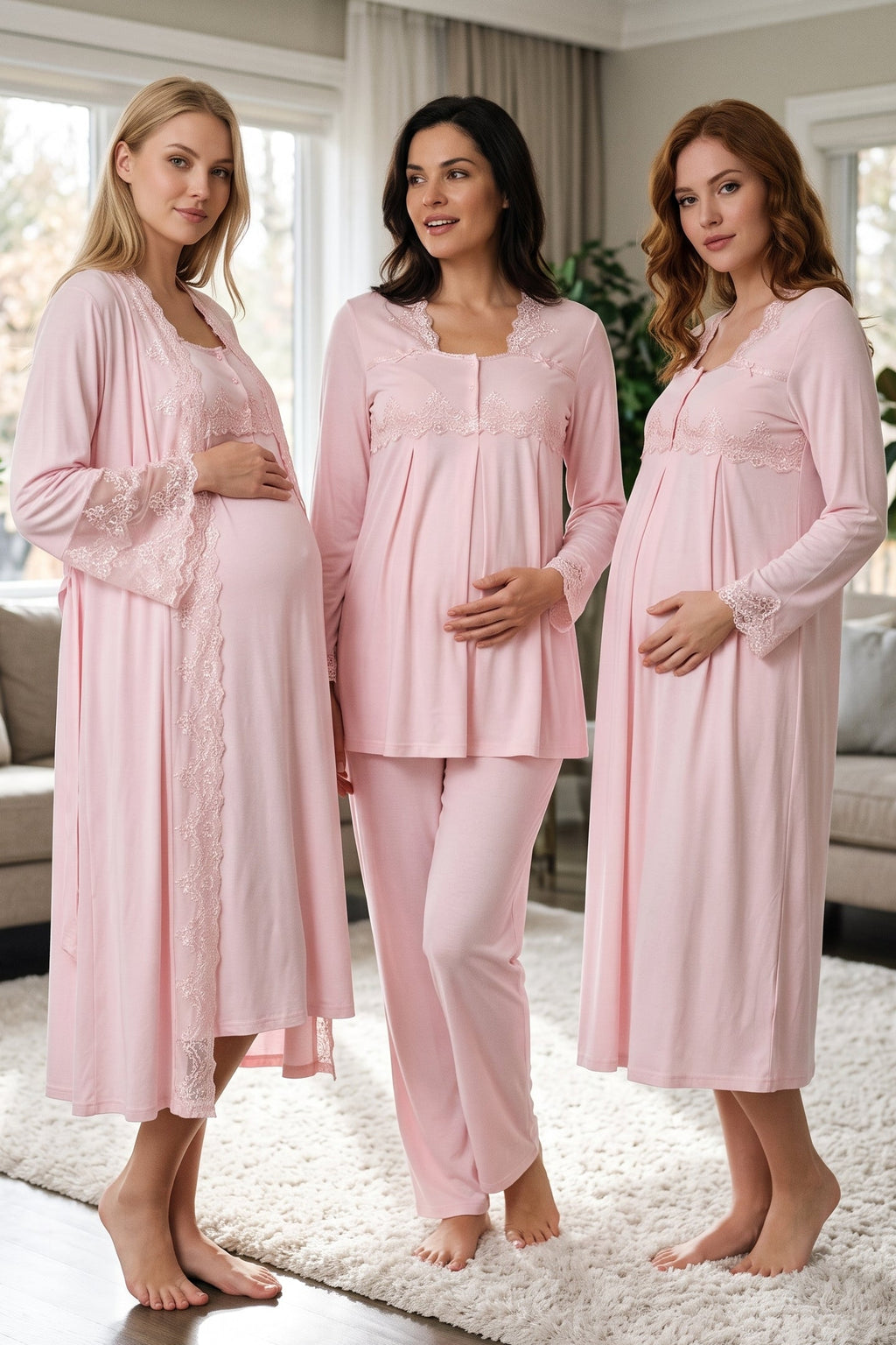 Lace Collar and Lace Detailed 4-Piece Maternity Feeding-Friendly Set Pink - T7016
