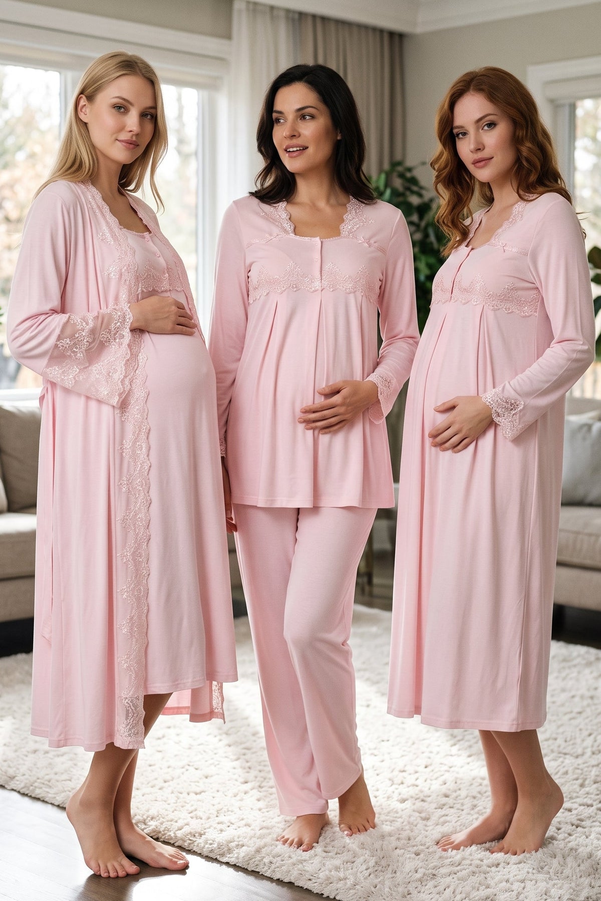 Lace Collar and Lace Detailed 4-Piece Maternity Feeding-Friendly Set Pink - T7016