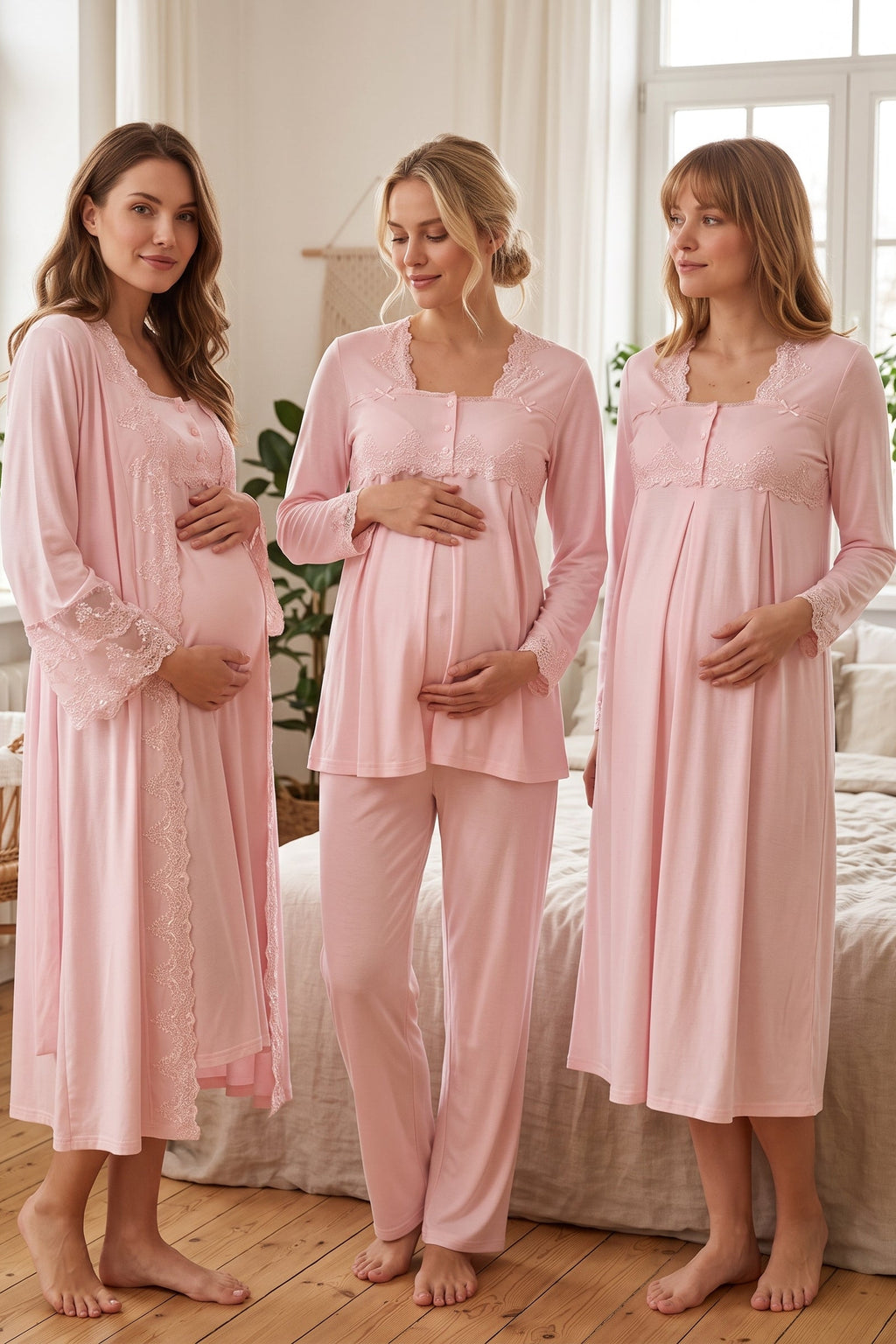 Lace Collar and Lace Detailed 4-Piece Maternity Feeding-Friendly Set Pink - T7016