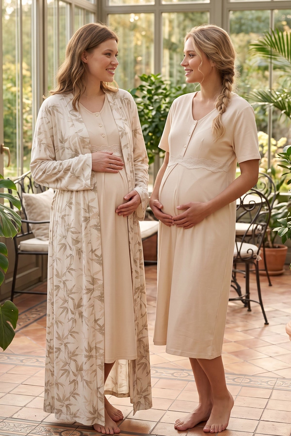 Lacy Panel Maternity Feeding-Friendly Nightgown & Patterned Robe Set Beige - L701