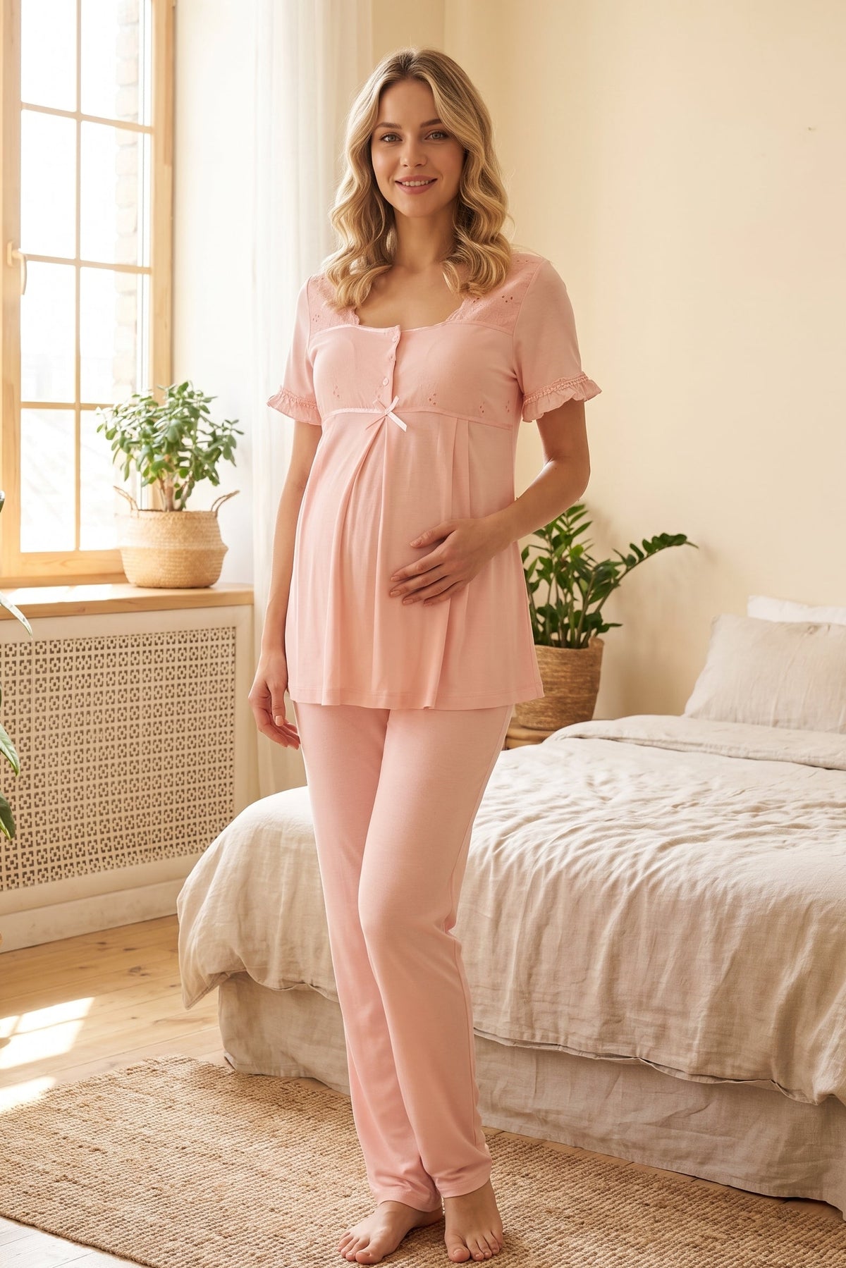 Embroidered Collar and Sleeve Maternity Feeding-Friendly Pajama Set Powder - T7022