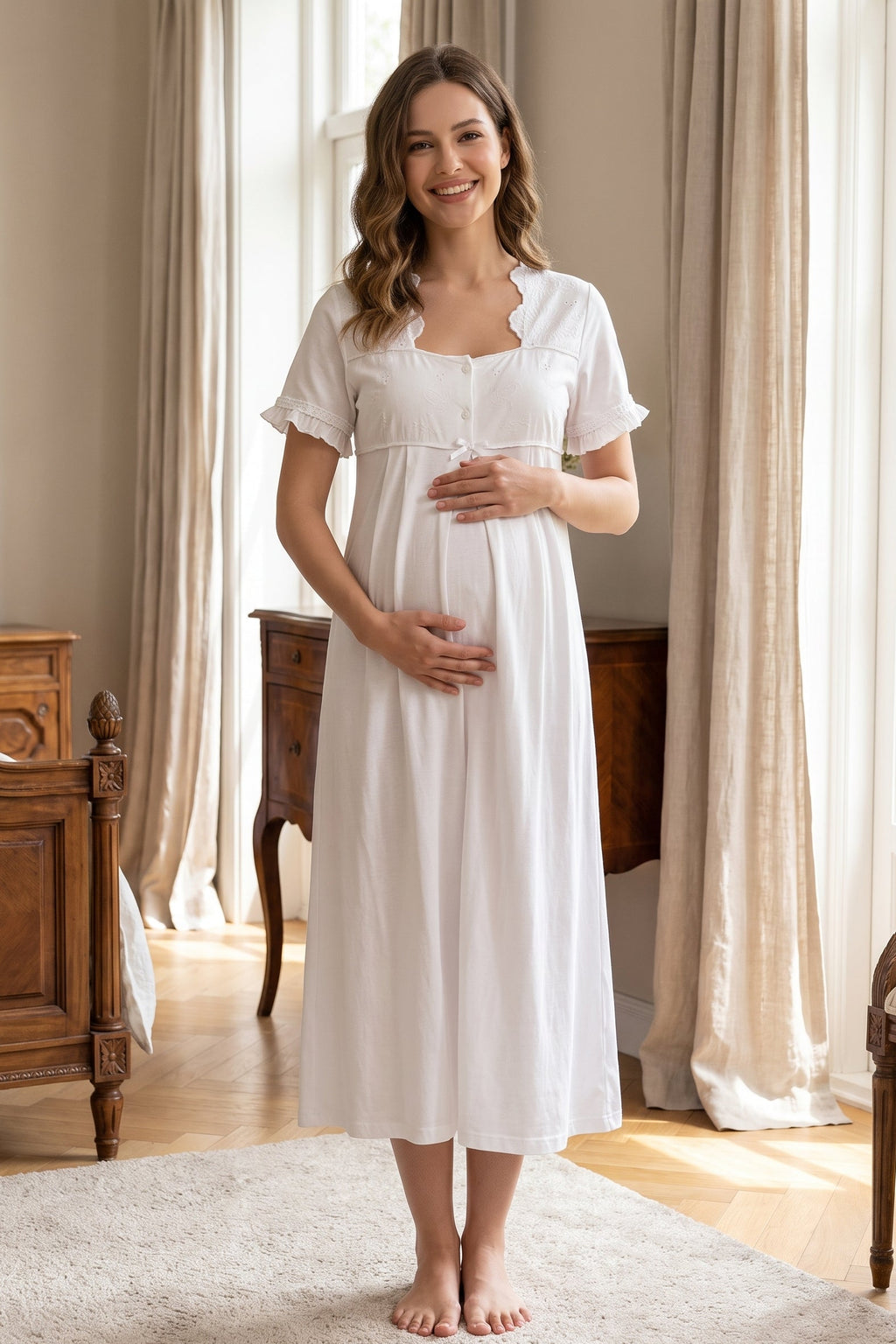 Embroidered Collar and Sleeve Maternity Feeding-Friendly Nightgown Ecru - T7023