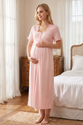 Embroidered Collar and Sleeve Maternity Feeding-Friendly Nightgown Powder - T7023