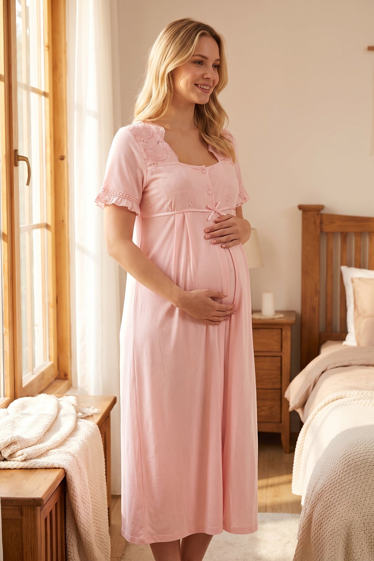 Embroidered Collar and Sleeve Maternity Feeding-Friendly Nightgown Powder - T7023