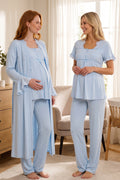 Embroidered Collar and Sleeve 3-Piece Maternity Feeding-Friendly Pajama & Robe Set Blue - T7024