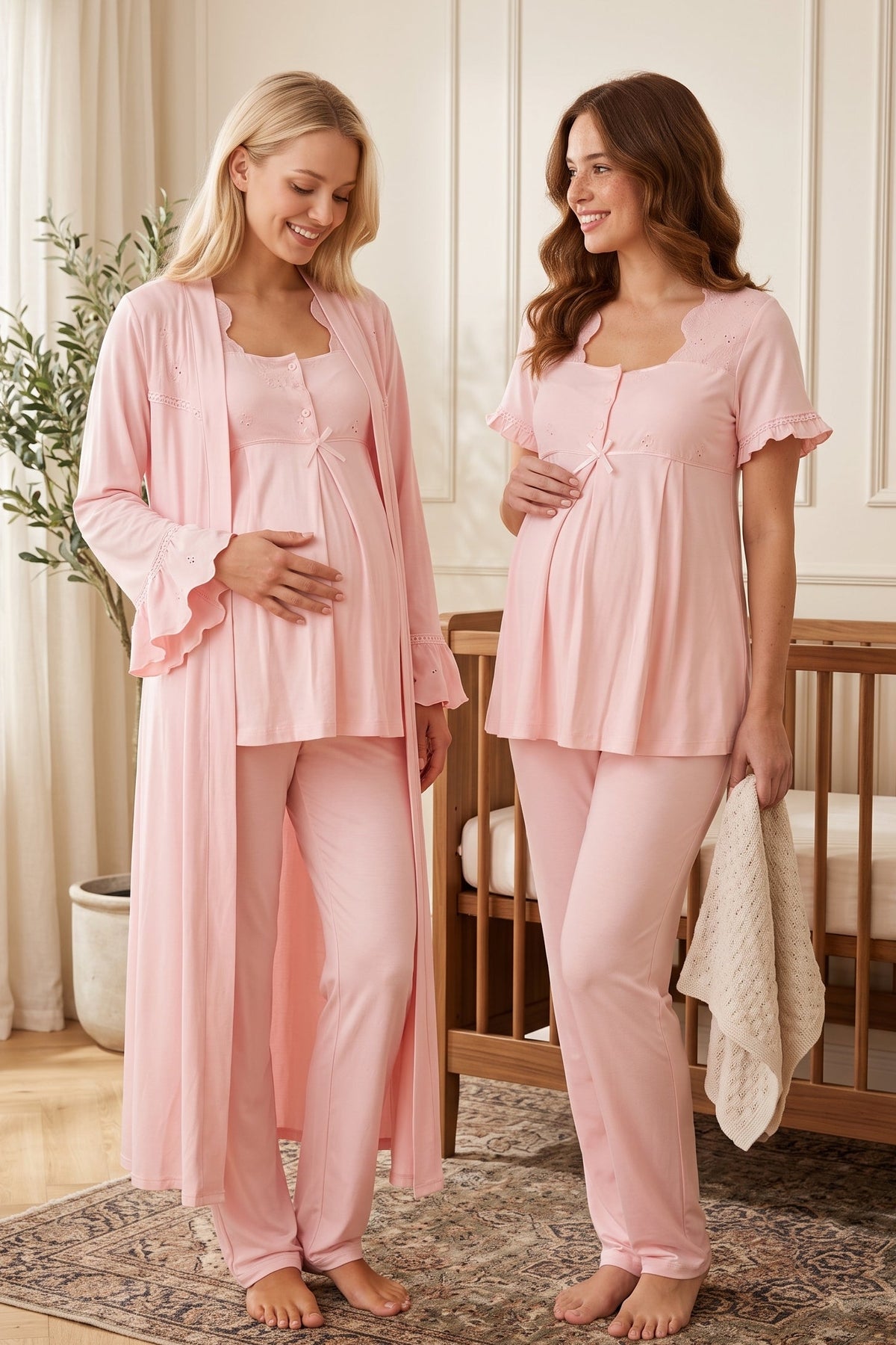 Embroidered Collar and Sleeve 3-Piece Maternity Feeding-Friendly Pajama & Robe Set Powder - T7024