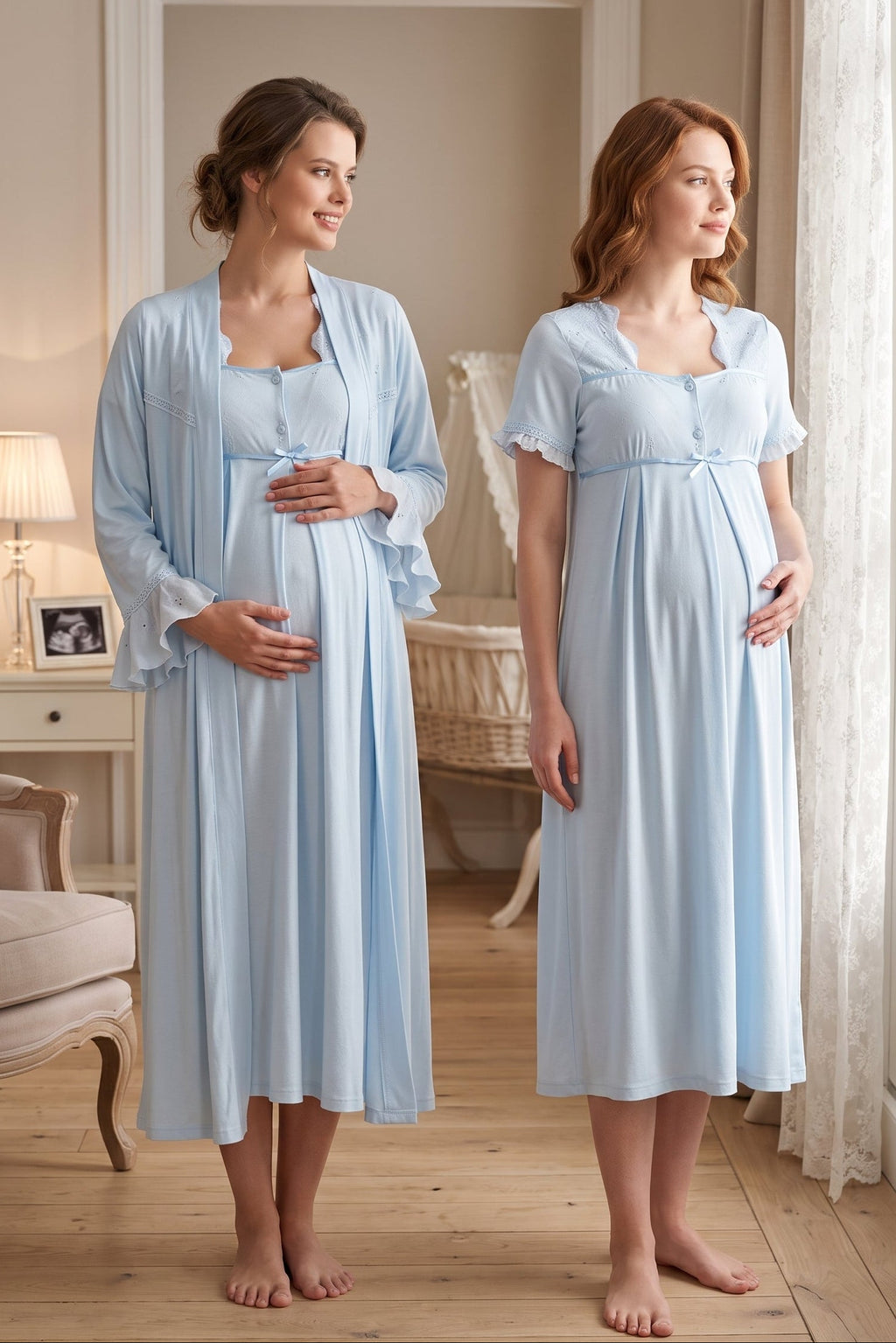 Embroidered Collar and Sleeve Maternity Feeding-Friendly Nightgown & Robe Set Blue - T7025