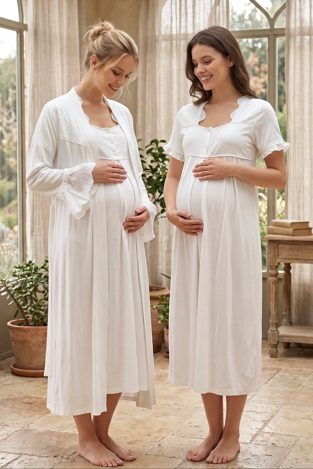 Embroidered Collar and Sleeve Maternity Feeding-Friendly Nightgown & Robe Set Ecru - T7025