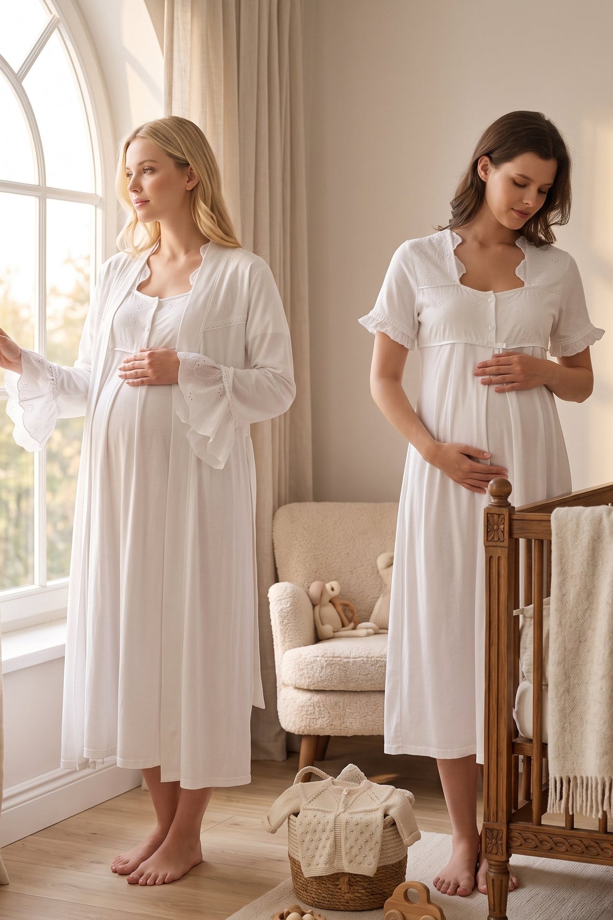 Embroidered Collar and Sleeve Maternity Feeding-Friendly Nightgown & Robe Set Ecru - T7025