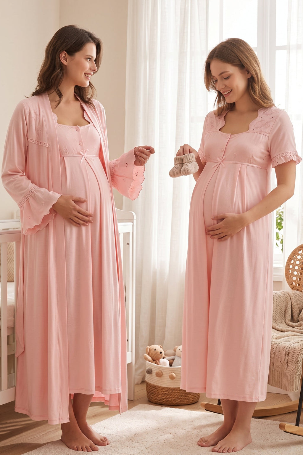 Embroidered Collar and Sleeve Maternity Feeding-Friendly Nightgown & Robe Set Powder - T7025