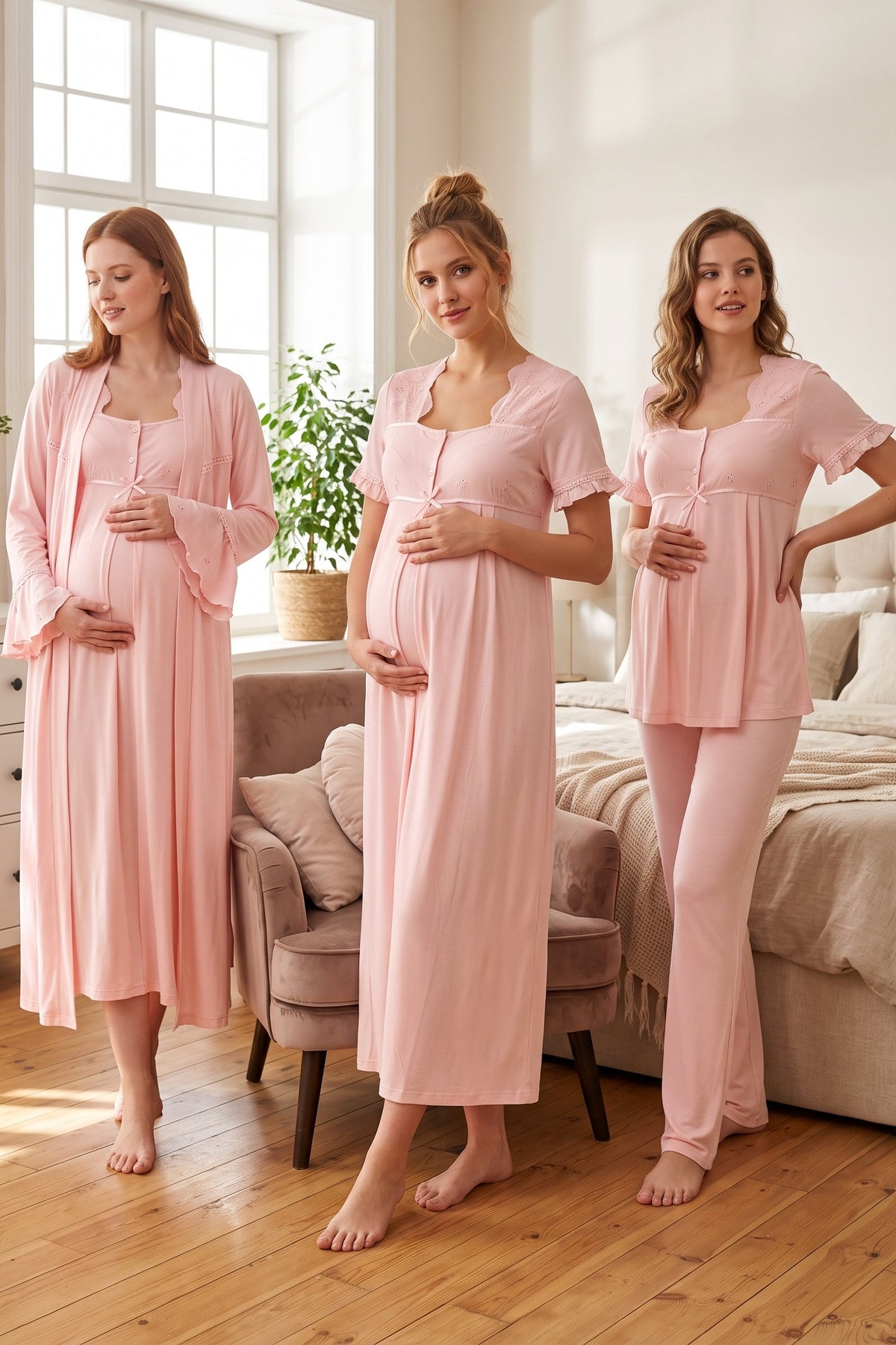Embroidered Collar and Sleeve 4-Piece Maternity Feeding-Friendly Set Powder - T7026