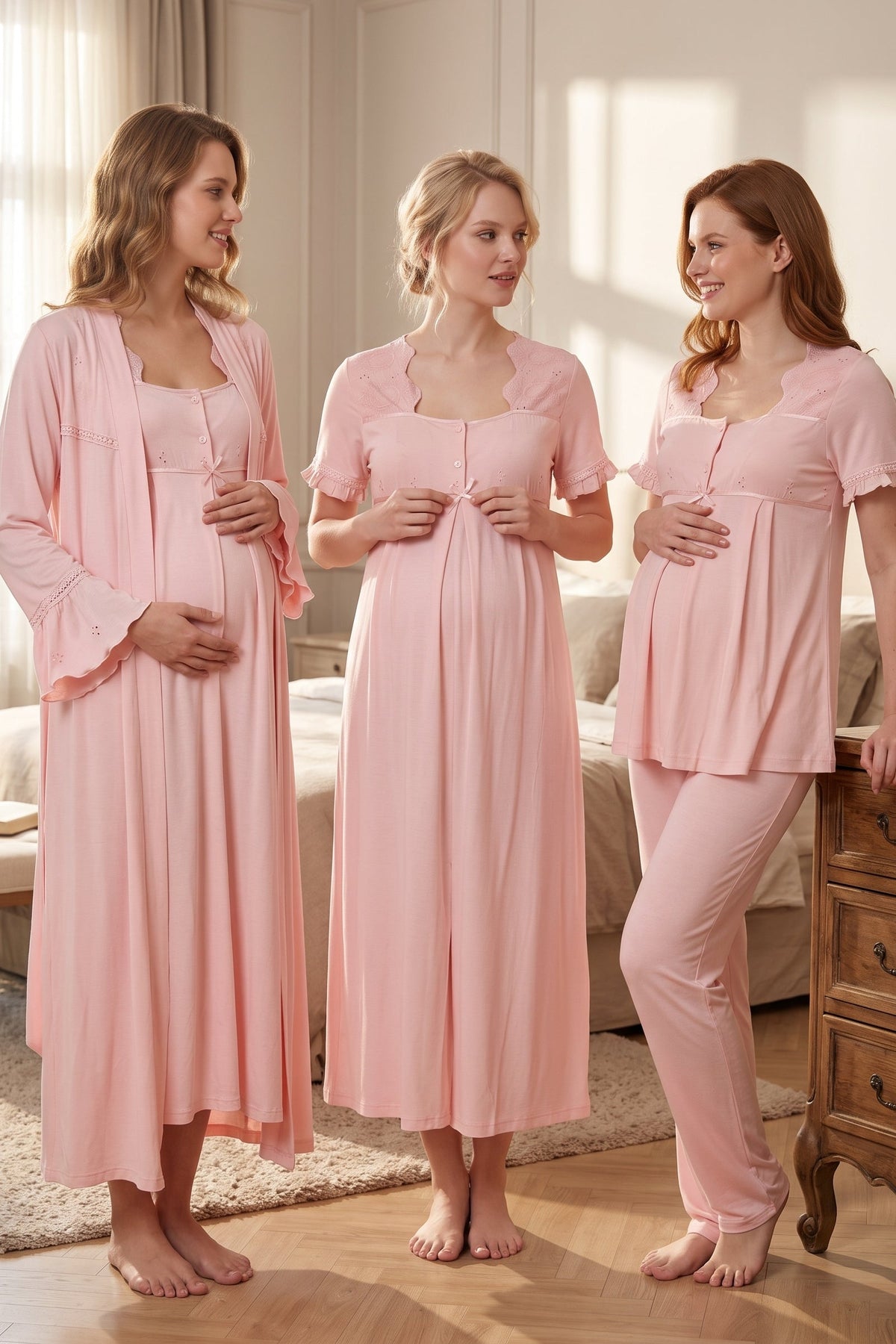 Embroidered Collar and Sleeve 4-Piece Maternity Feeding-Friendly Set Powder - T7026