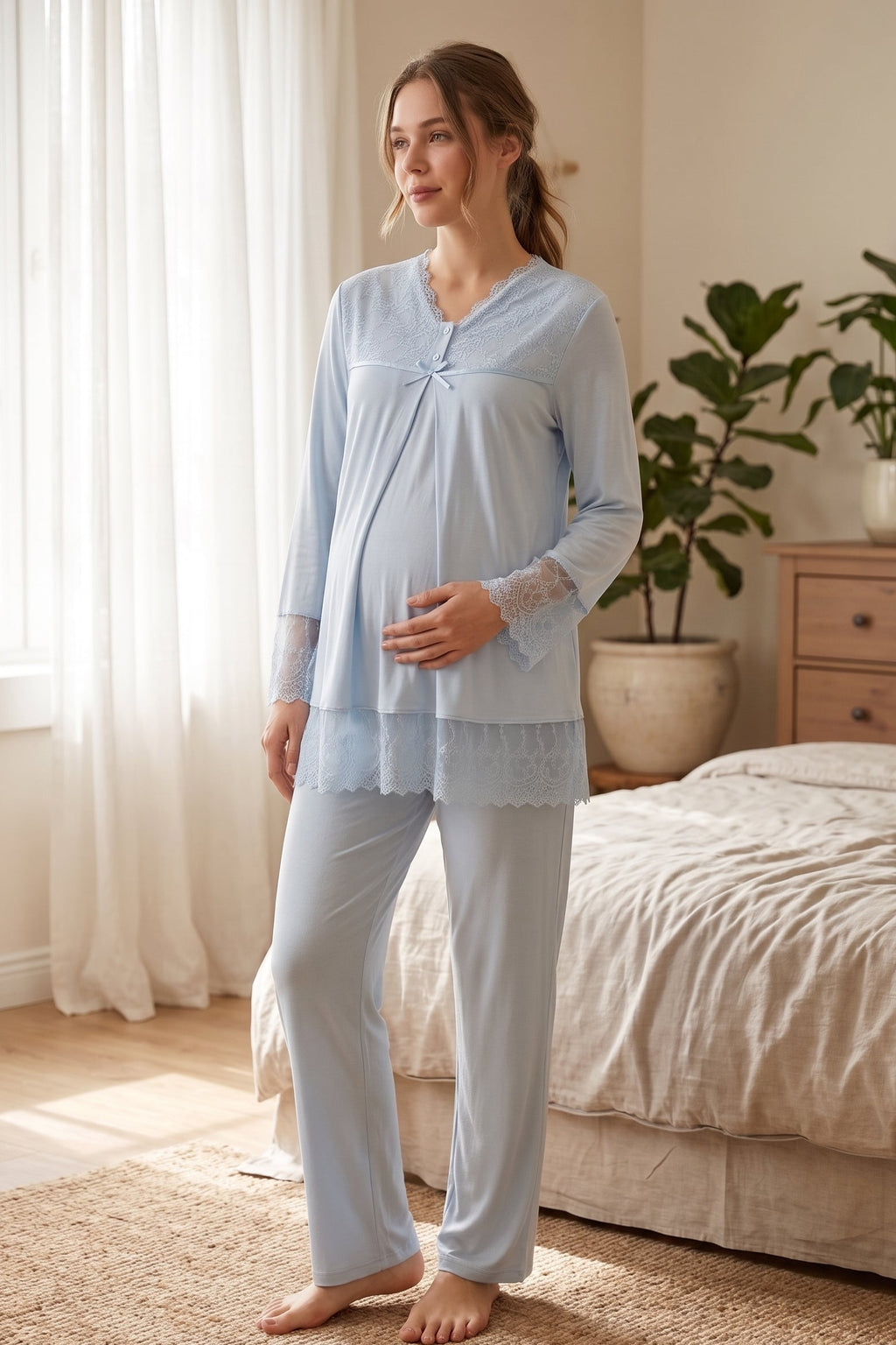 Lace Trim Maternity Feeding-Friendly Pajama Set Blue - T7042