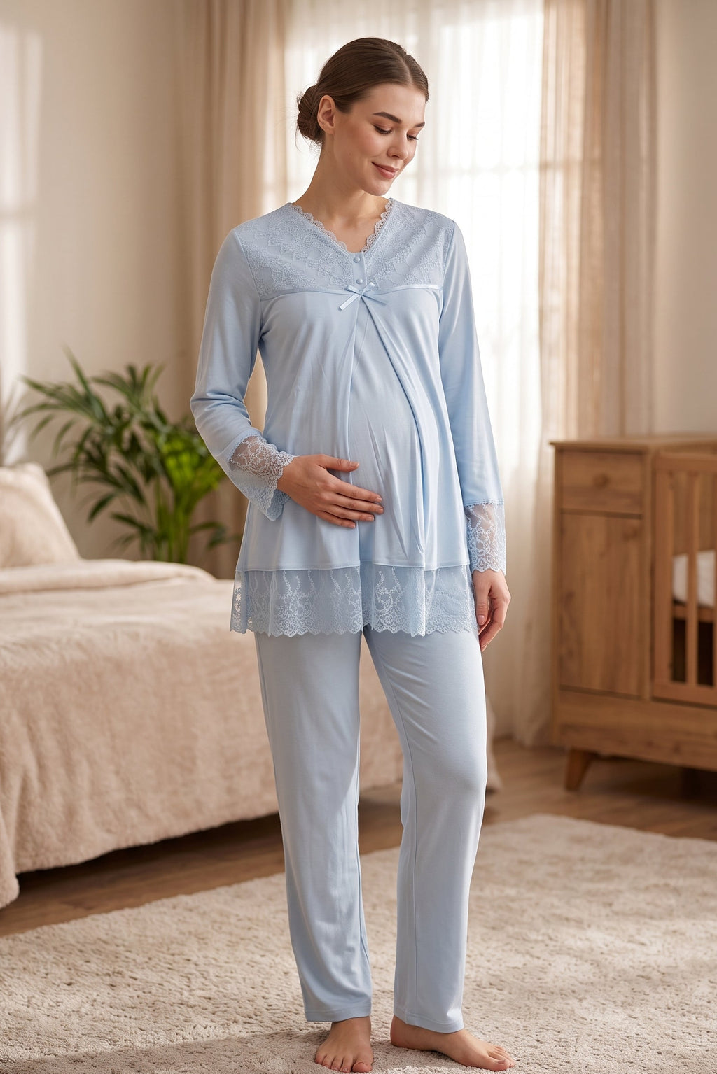 Lace Trim Maternity Feeding-Friendly Pajama Set Blue - T7042