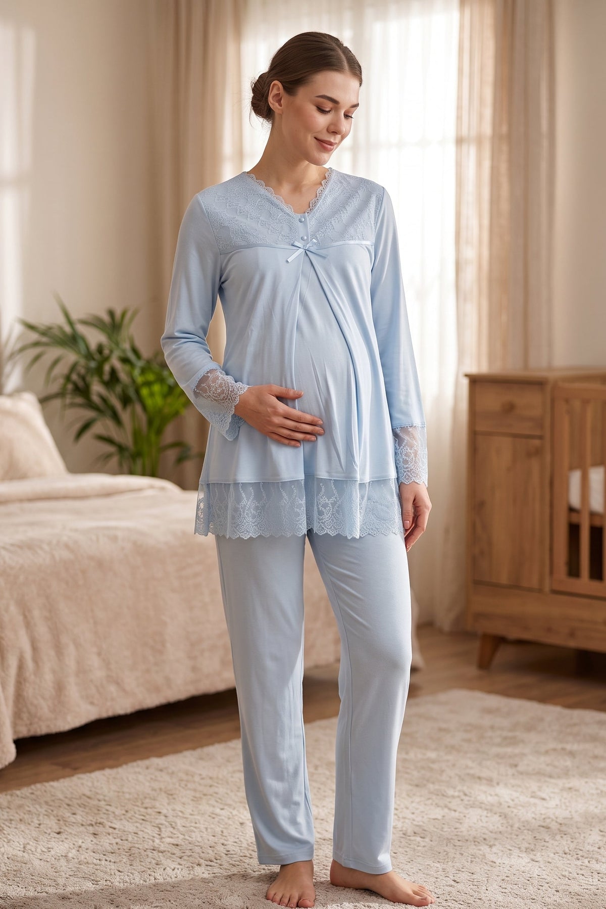 Lace Trim Maternity Feeding-Friendly Pajama Set Blue - T7042