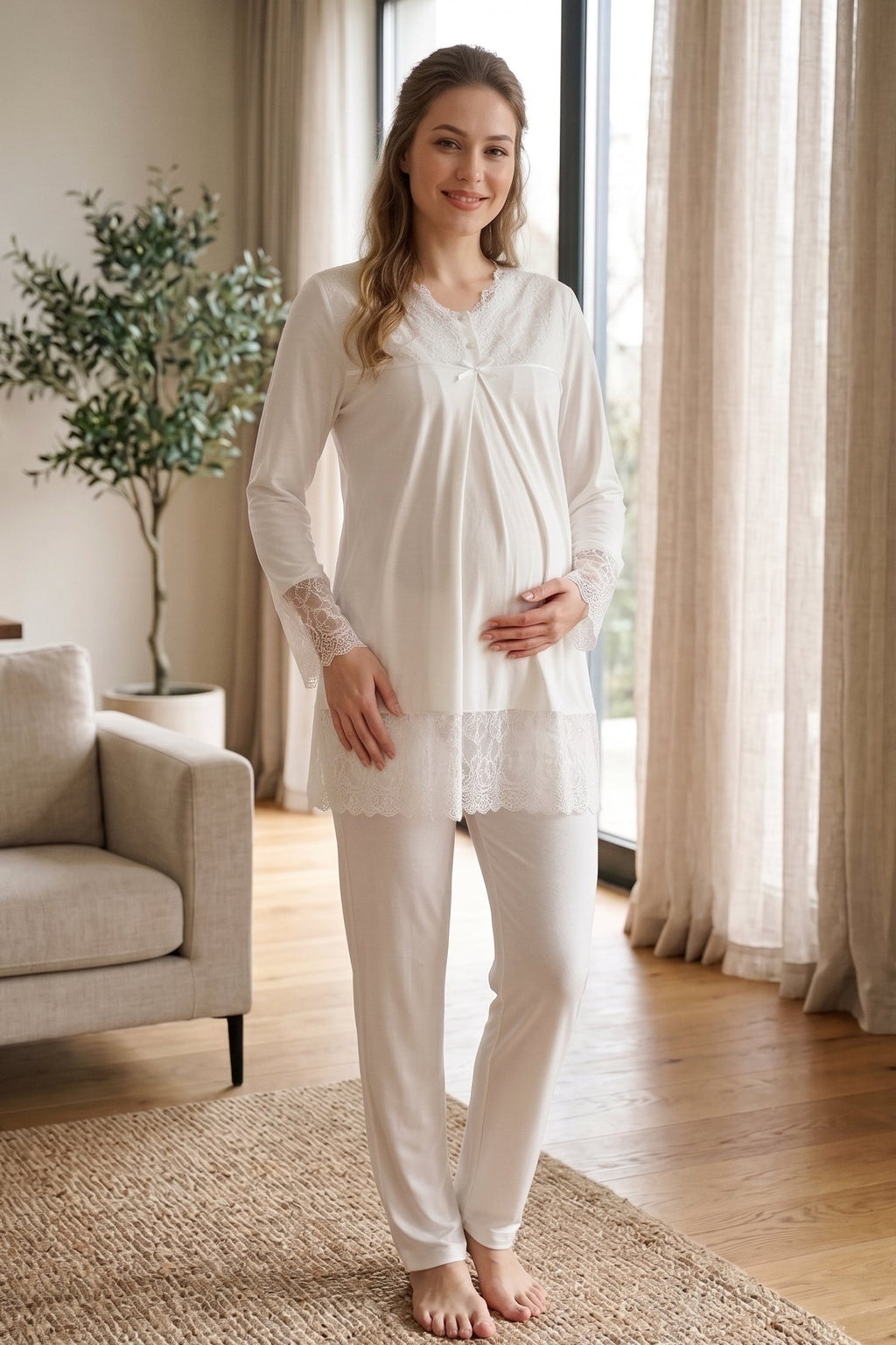 Lace Trim Maternity Feeding-Friendly Pajama Set Ecru - T7042