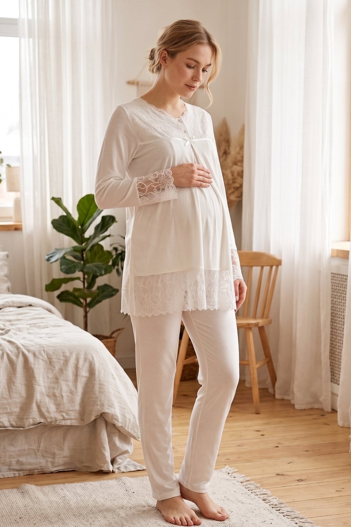 Lace Trim Maternity Feeding-Friendly Pajama Set Ecru - T7042