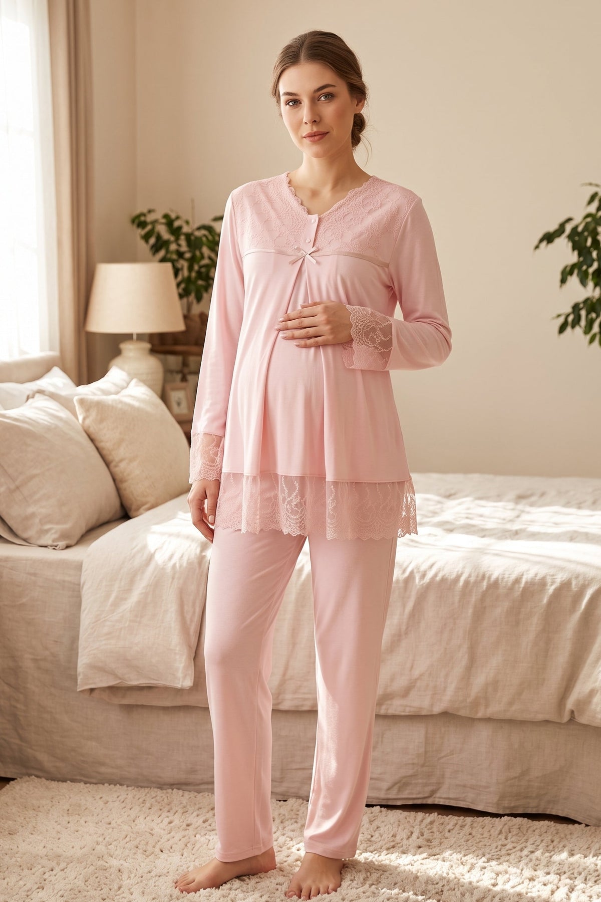 Lace Trim Maternity Feeding-Friendly Pajama Set Pink - T7042