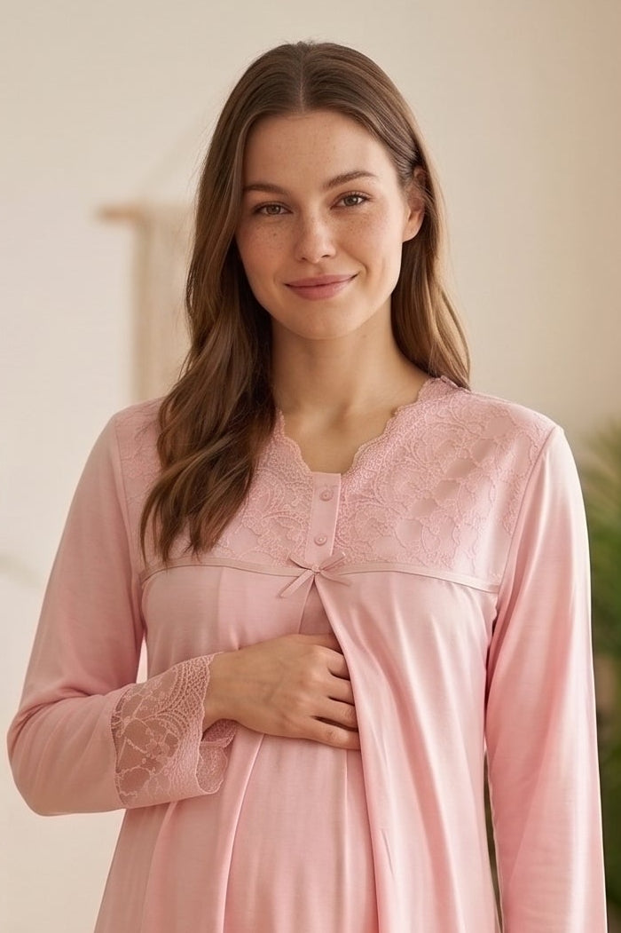 Lace Trim Maternity Feeding-Friendly Nightgown Pink - T7043