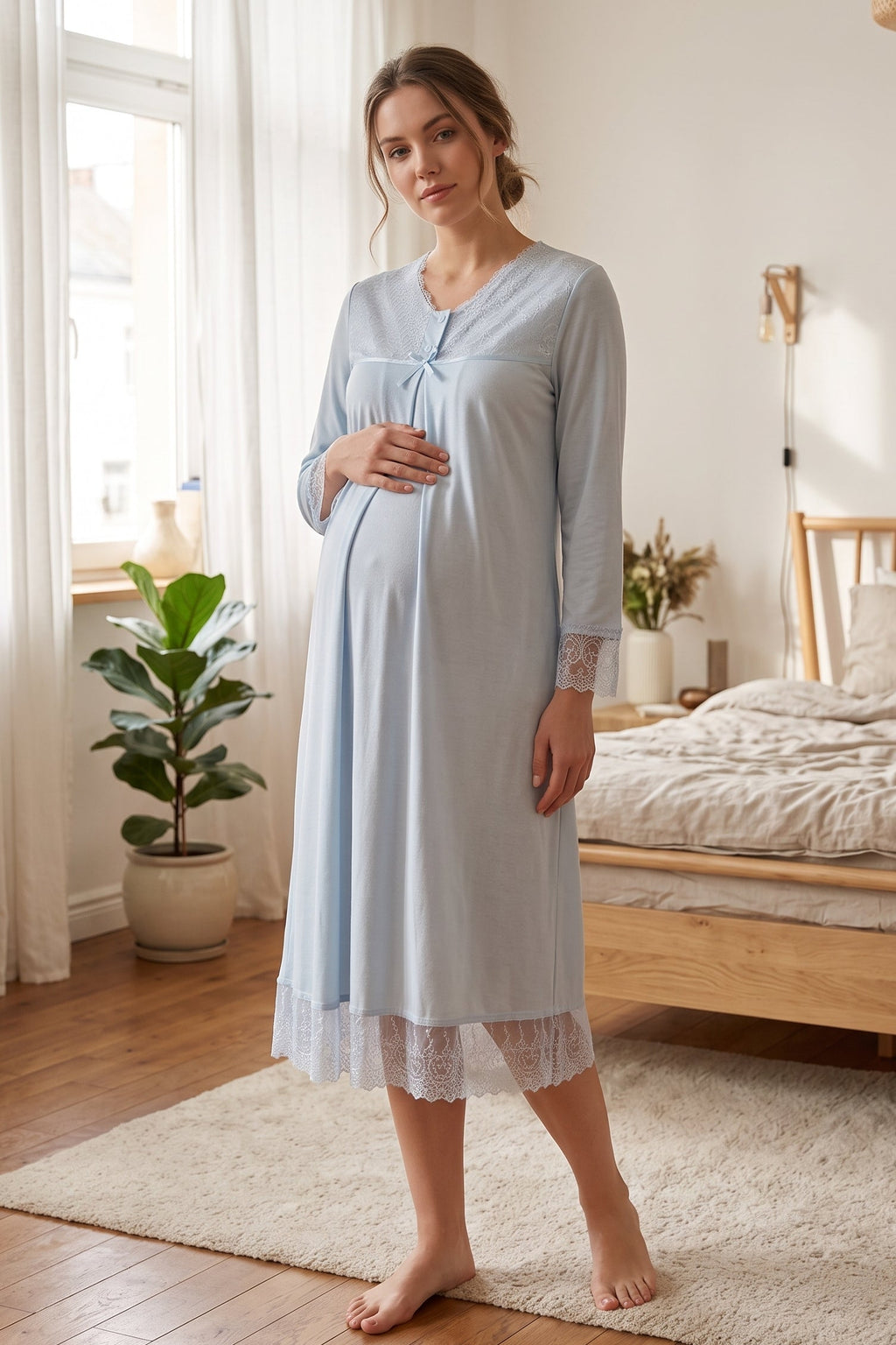 Lace Trim Maternity Feeding-Friendly Nightgown Blue - T7043