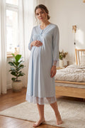 Lace Trim Maternity Feeding-Friendly Nightgown Blue - T7043