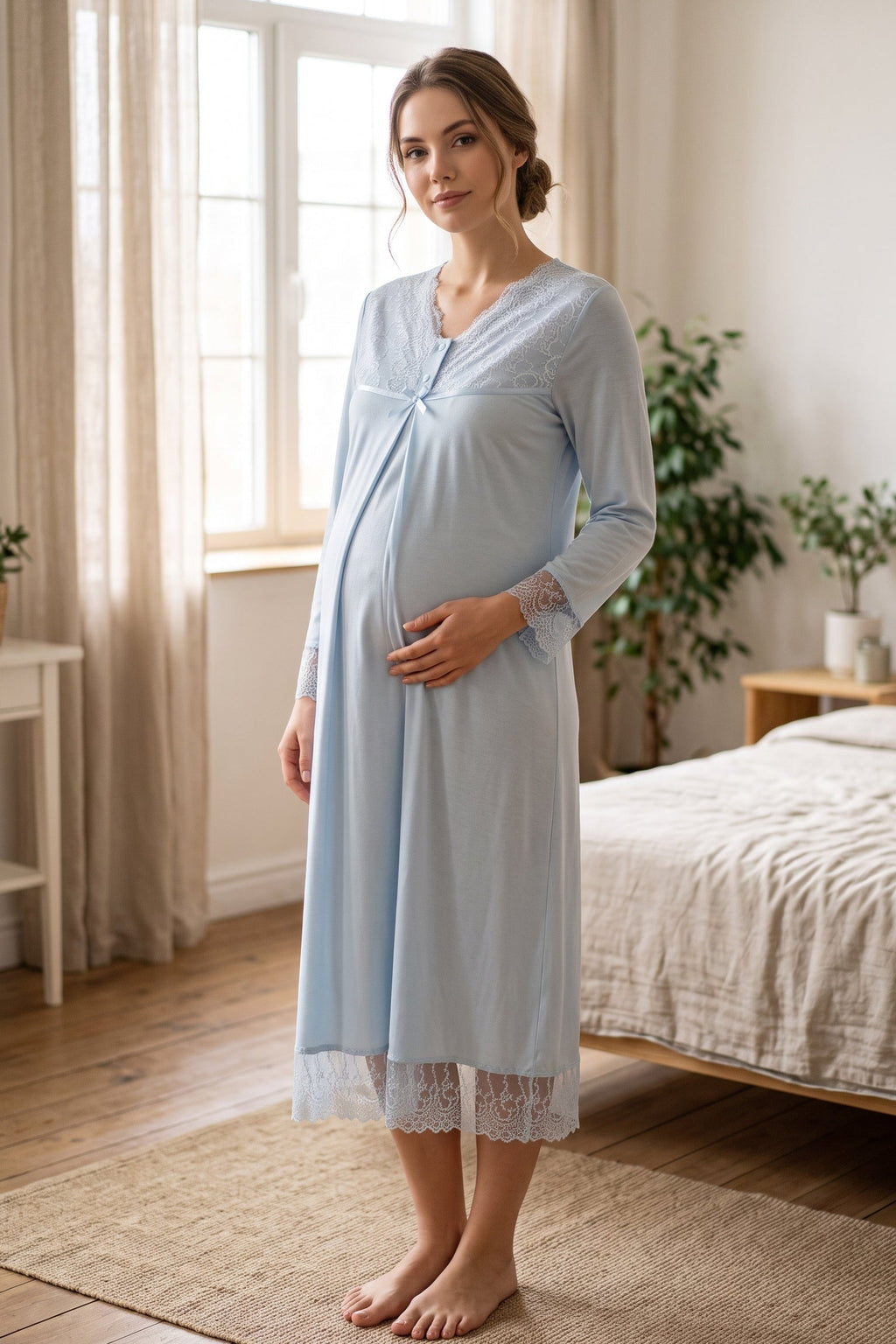 Lace Trim Maternity Feeding-Friendly Nightgown Blue - T7043