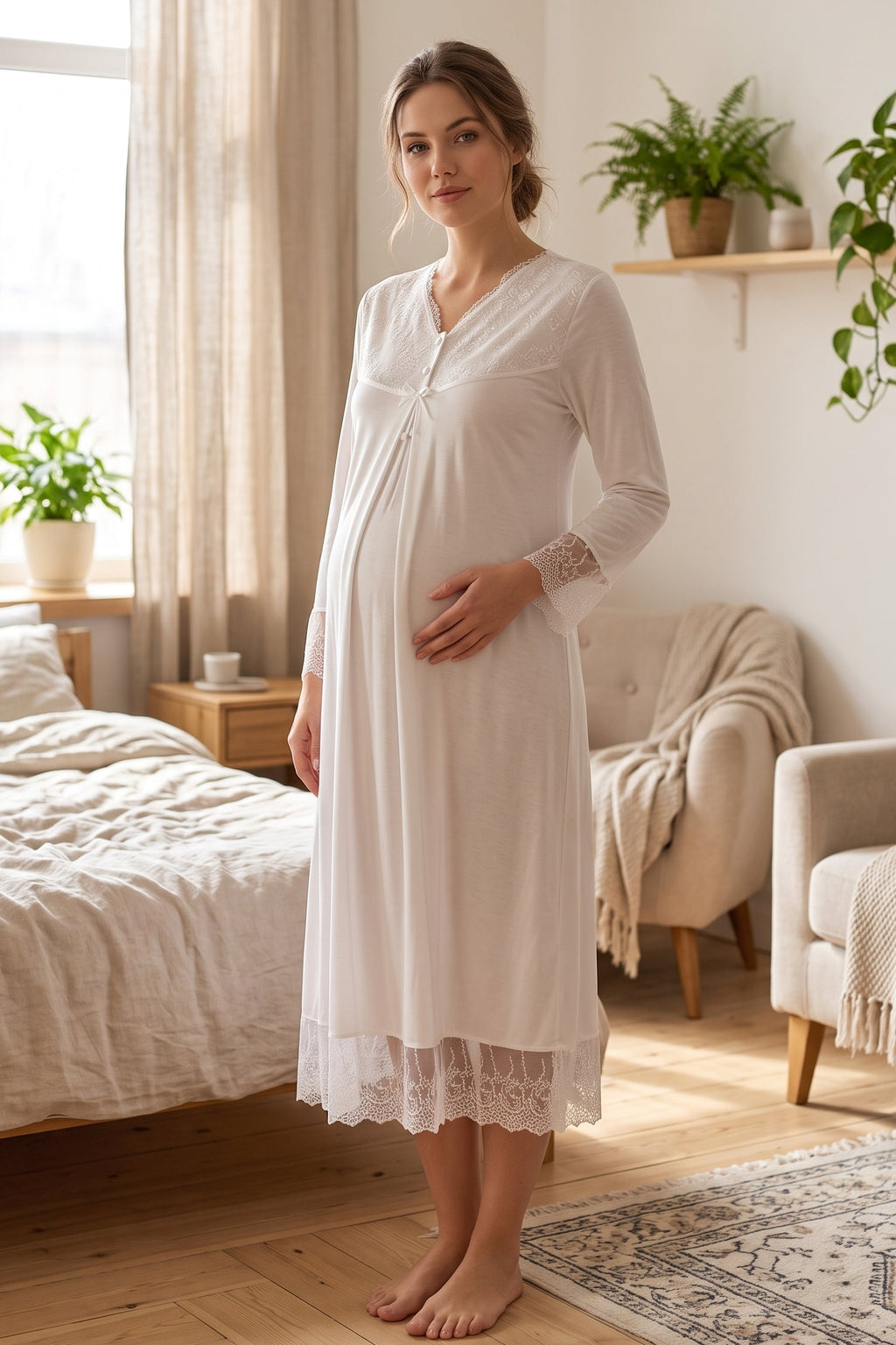 Lace Trim Maternity Feeding-Friendly Nightgown Ecru - T7043