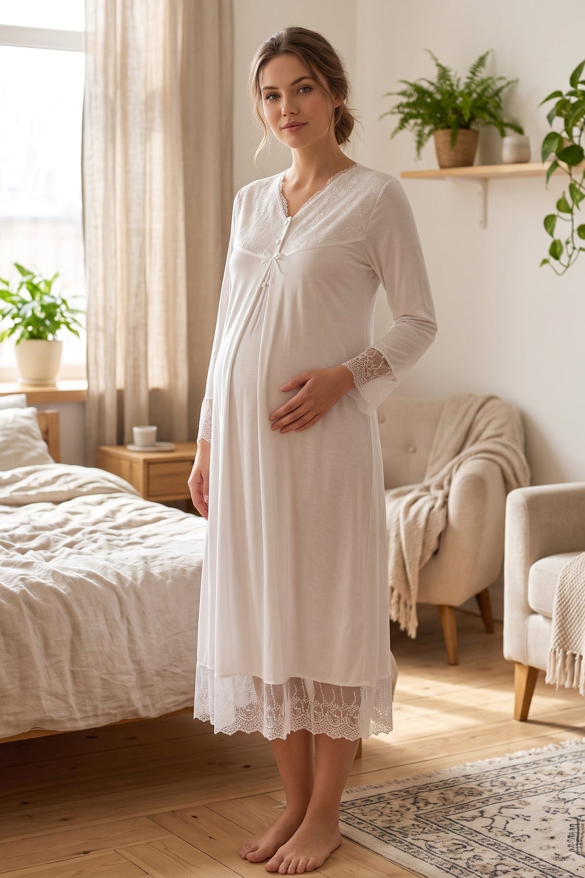 Lace Trim Maternity Feeding-Friendly Nightgown Ecru - T7043