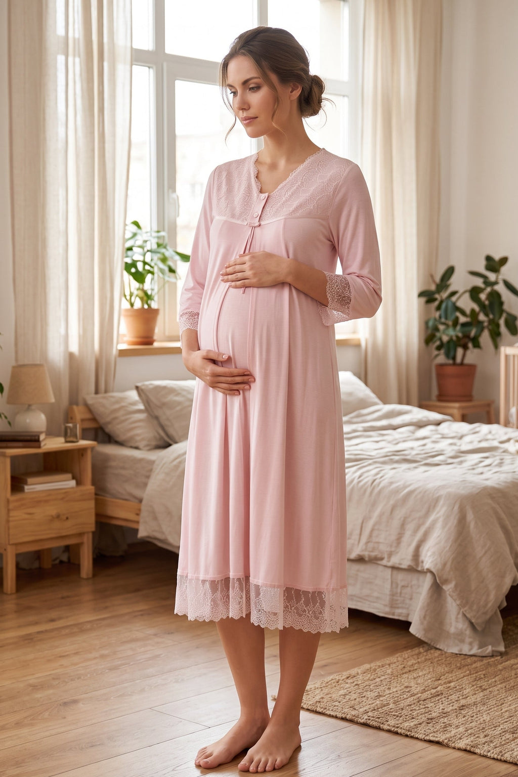 Lace Trim Maternity Feeding-Friendly Nightgown Pink - T7043