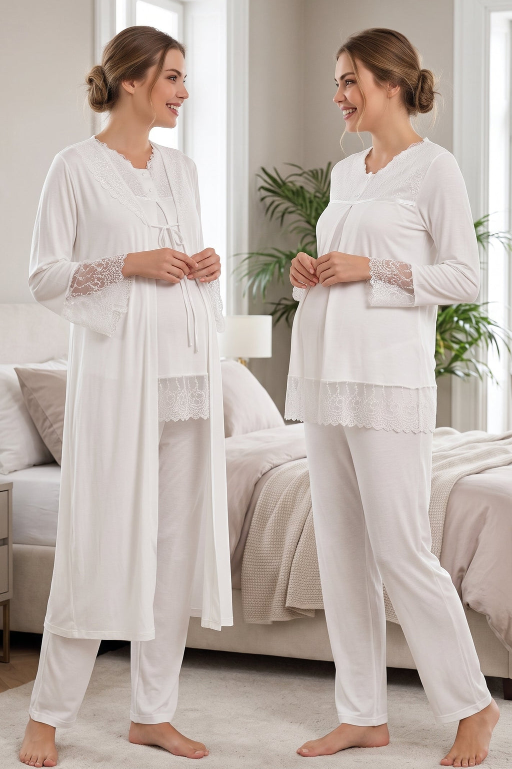 Lace Trim 3-Piece Maternity Feeding Pajama & Robe Set Ecru - T7044