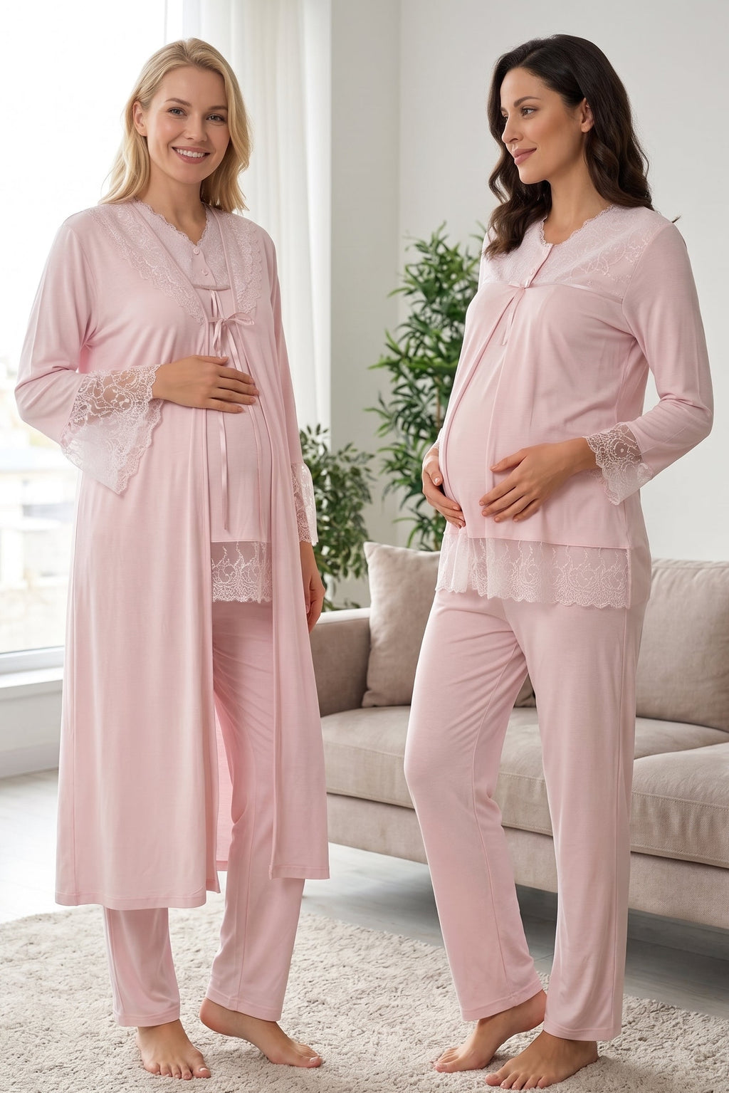 Lace Trim 3-Piece Maternity Feeding-Friendly Pajama & Robe Set Pink - T7044