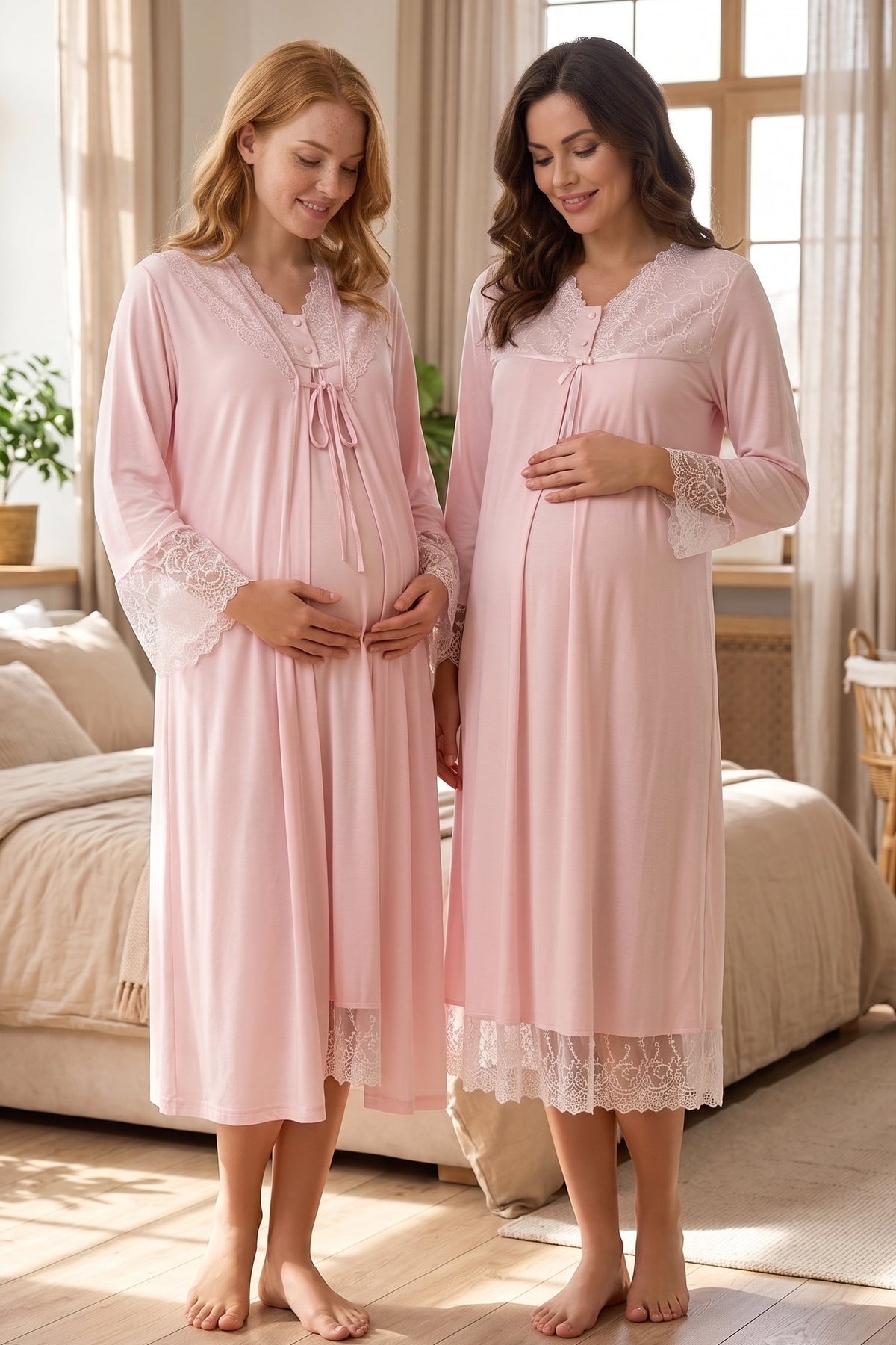 Lace Trim 2-Piece Maternity Feeding Nightgown & Robe Set Pink - T7045